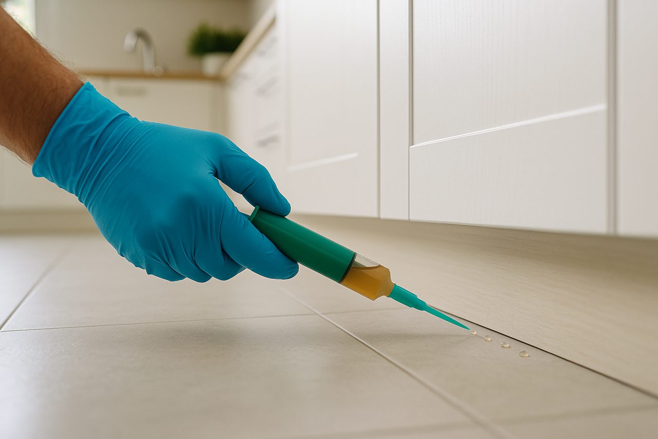 Application de gel insecticide le long dun meuble de cuisine contre les cafards