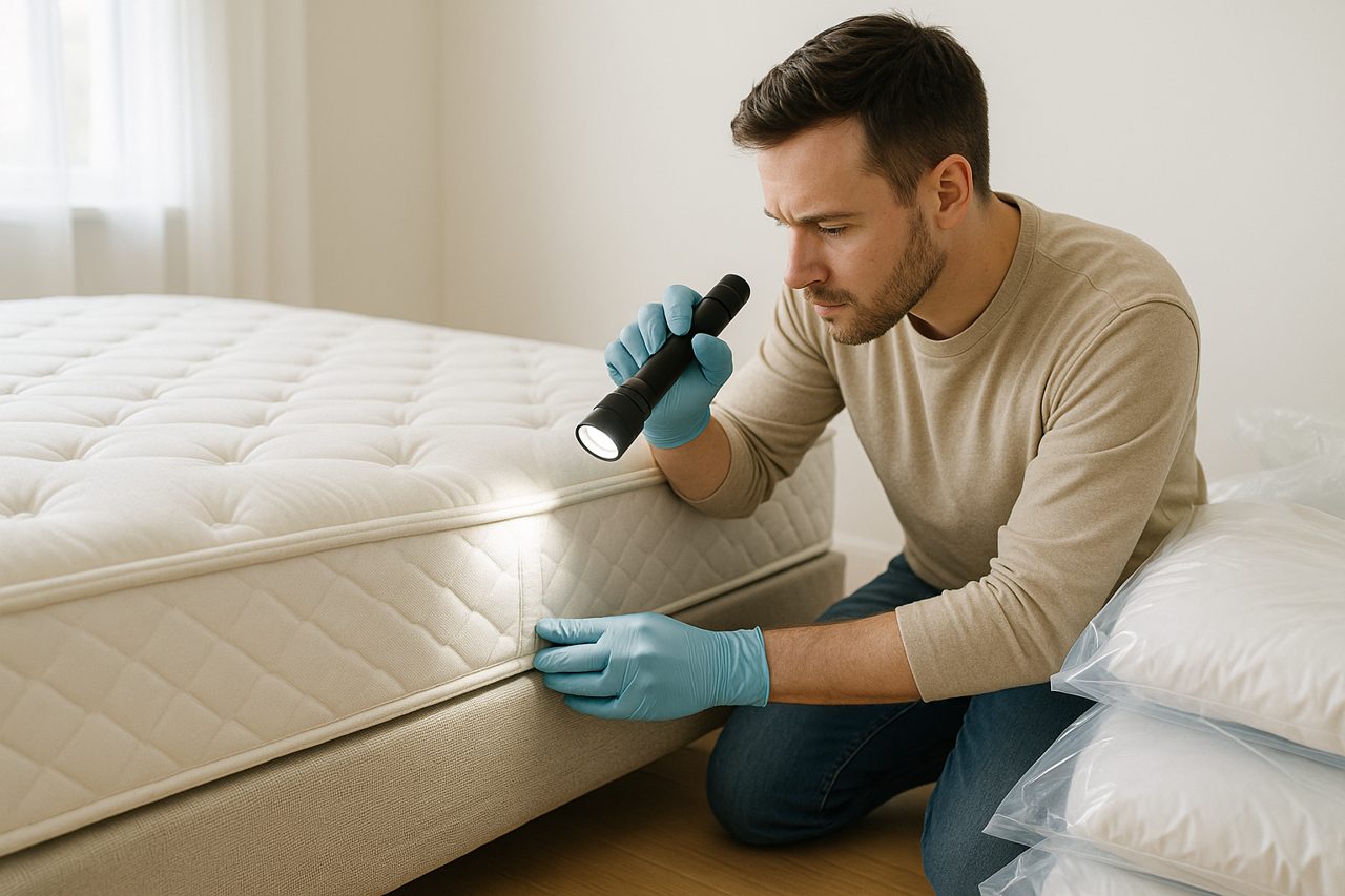 Inspection des coutures d un matelas à la lampe torche contre les punaises de lit