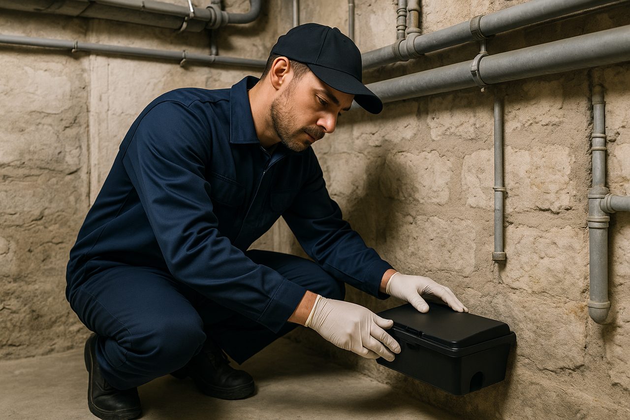 Technicien posant un poste d’appâtage sécurisé dans la cave d’un immeuble parisien