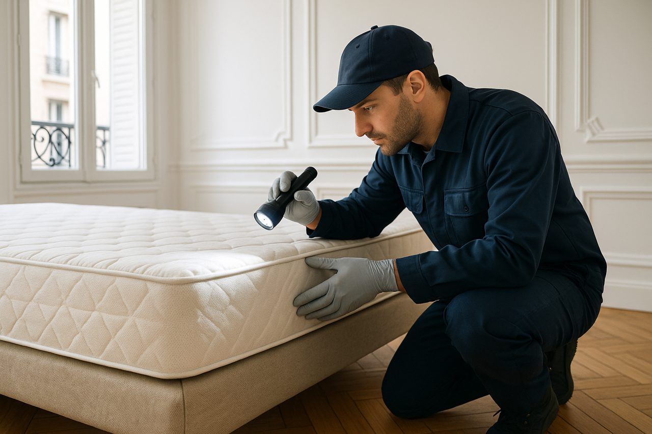Technicien anti-nuisibles traitant un matelas contre les punaises de lit à Paris