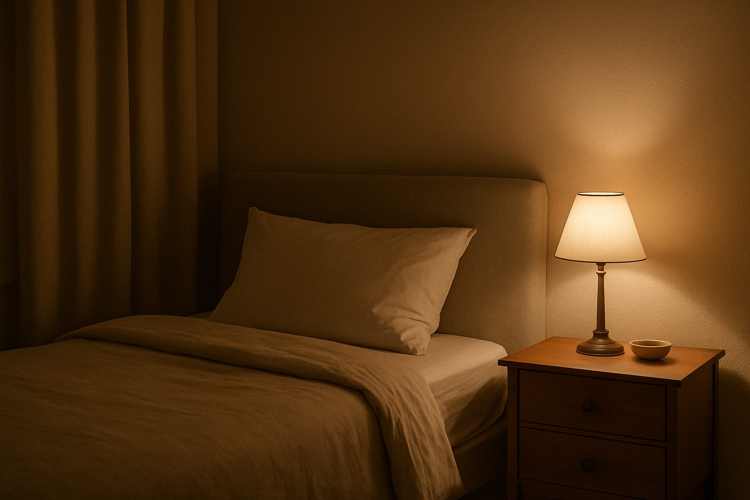Chambre calme éclairée par une lampe de chevet le soir