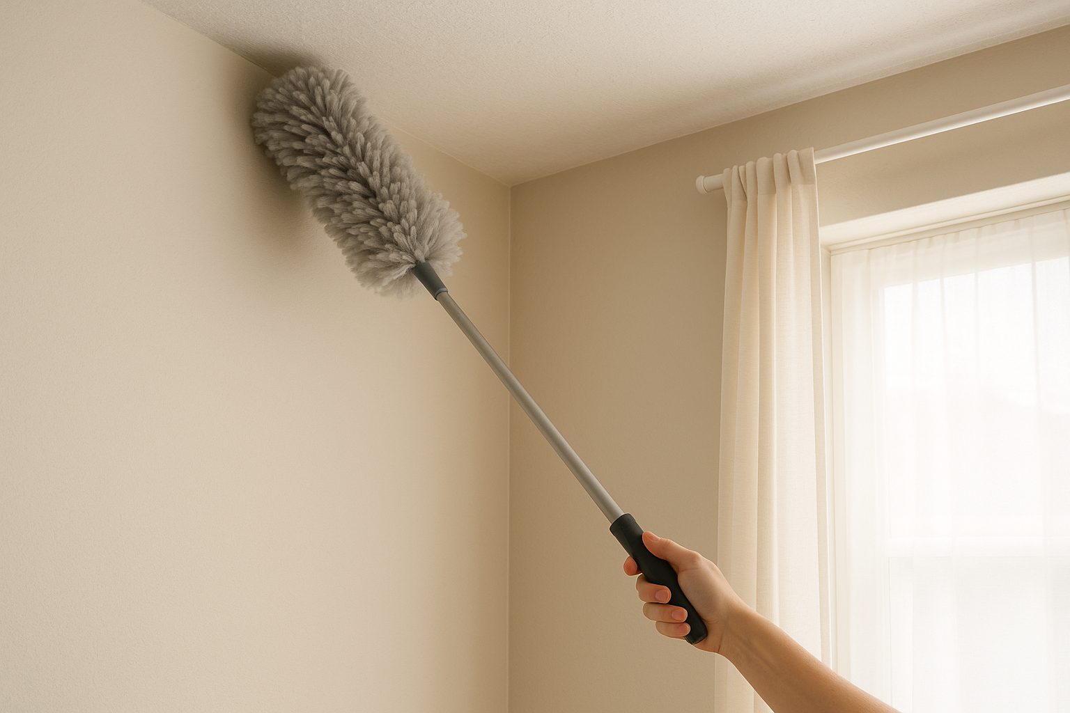 Nettoyage d'un angle de plafond au plumeau