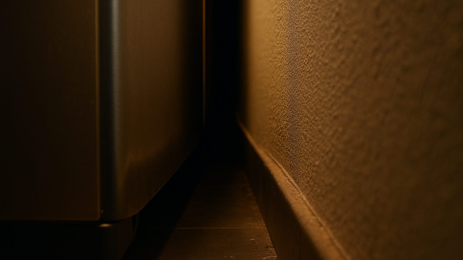 Interstice sombre derrière un réfrigérateur de cuisine