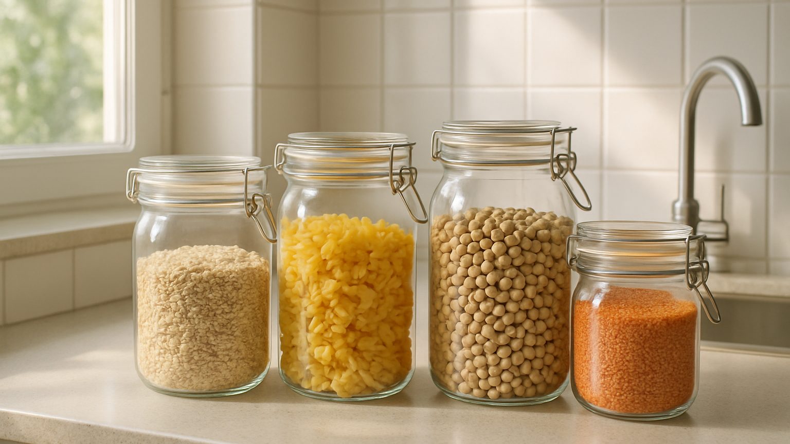 Plan de travail rangé avec des aliments dans des bocaux fermés