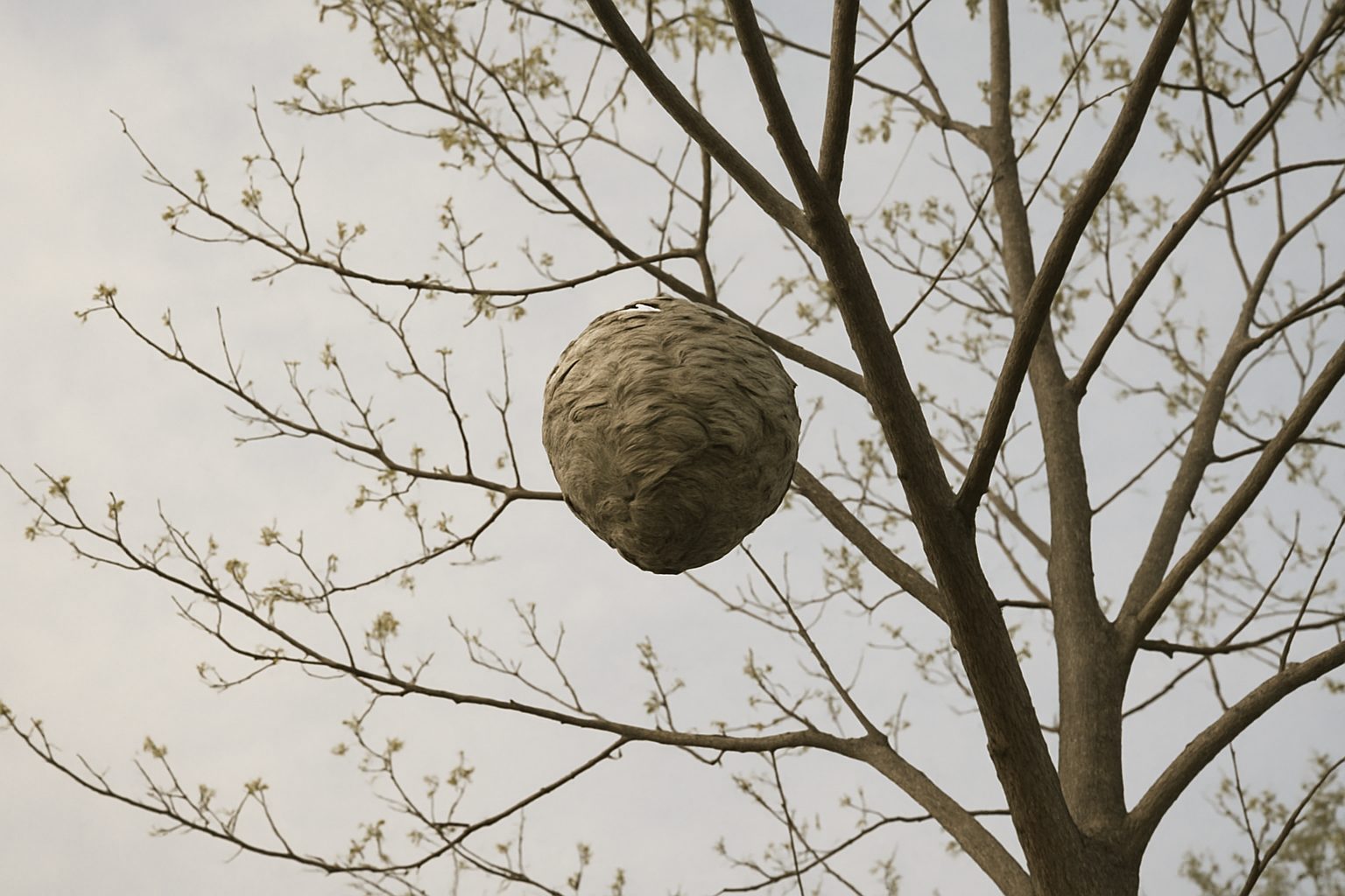 Nid de frelon asiatique en hauteur dans un arbre