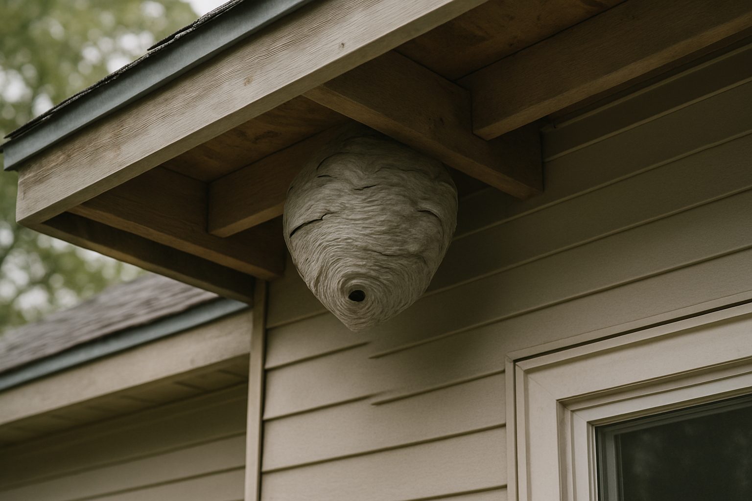 Nid de frelon asiatique en papier gris sous le rebord de toit d'une maison