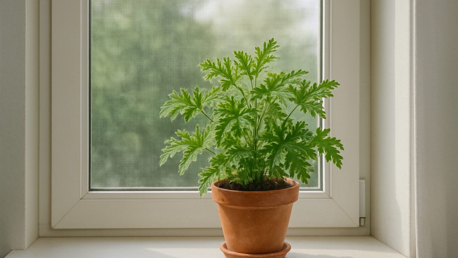 Fenêtre équipée d'une moustiquaire avec un plant de citronnelle