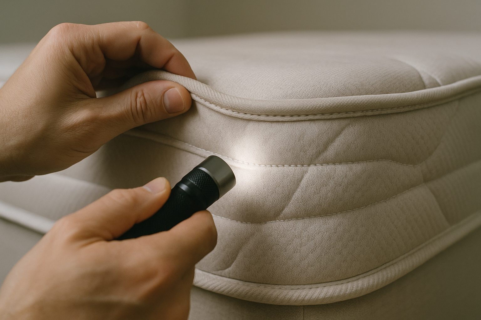 Inspection de la couture d'un matelas à la lampe torche