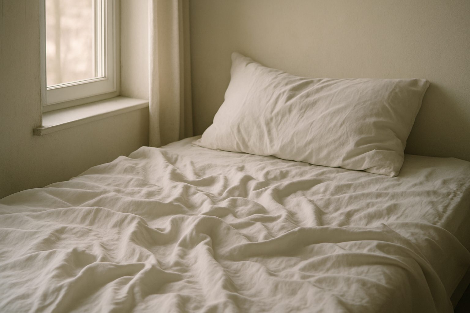 Draps blancs et oreiller près d'une fenêtre, chambre au petit matin
