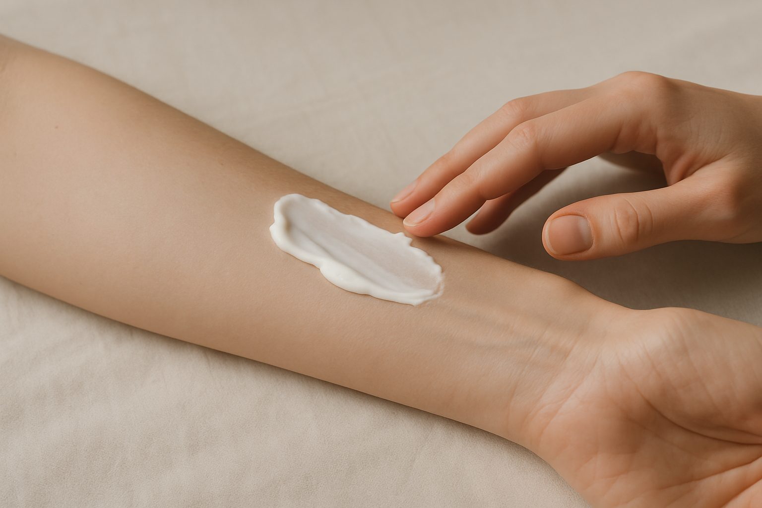 Application d'une crème apaisante sur l'avant-bras