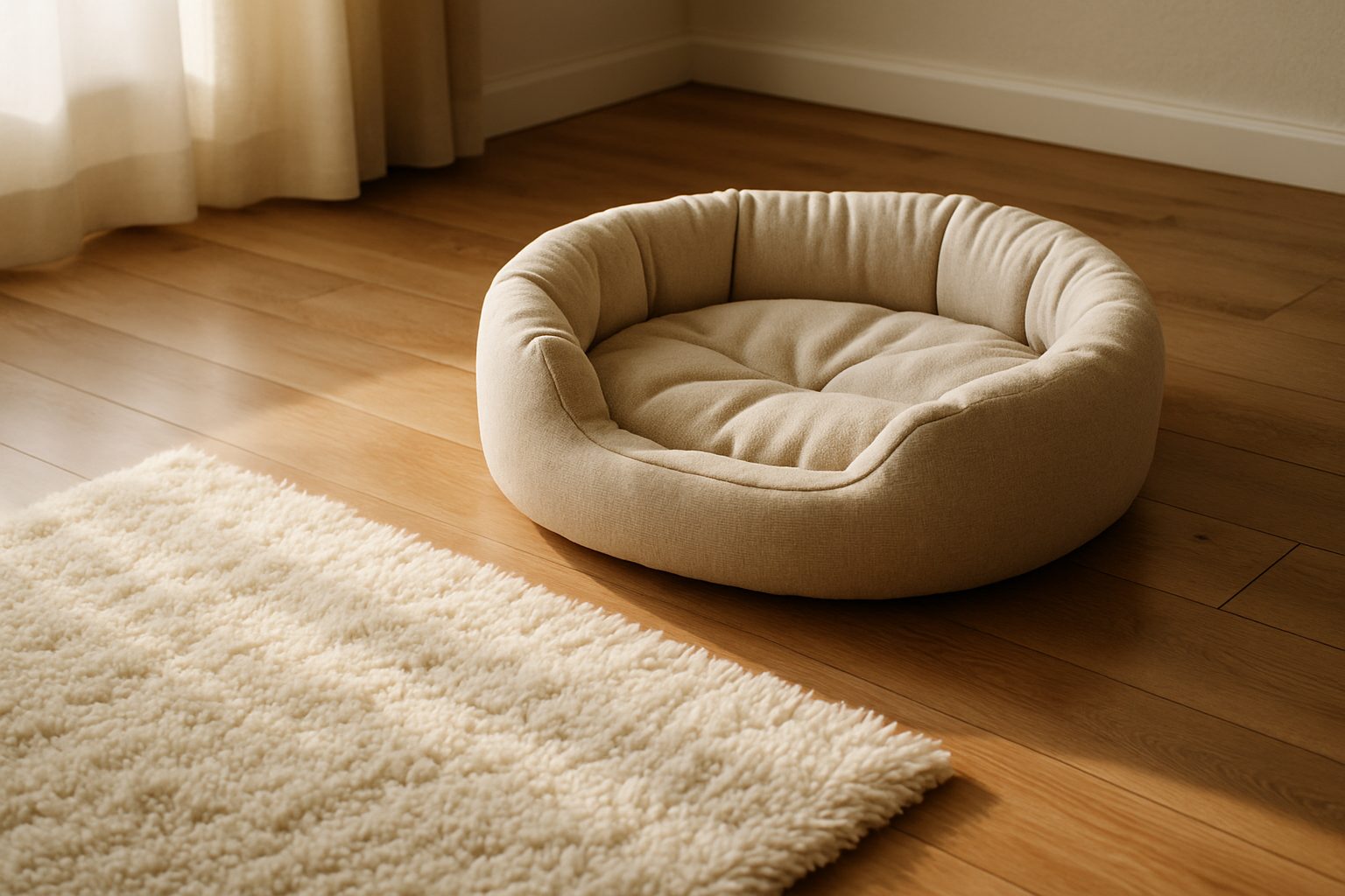 Panier pour animal et tapis sur un parquet clair