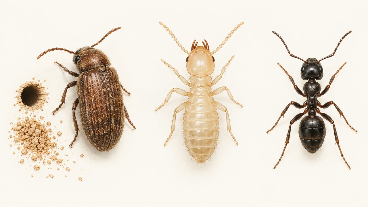 Comparaison illustrée entre une vrillette, un termite et une fourmi près du bois et des plinthes