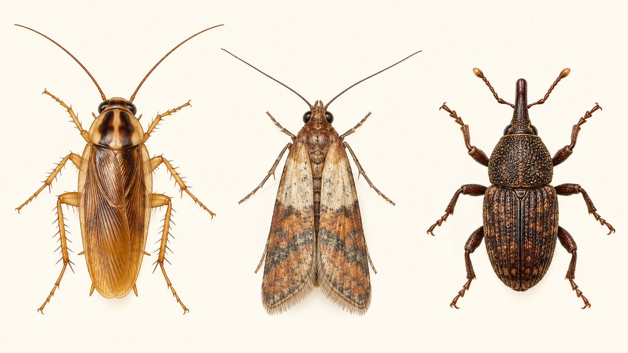 Comparaison illustrée entre une blatte domestique, une mite alimentaire et un charançon des denrées
