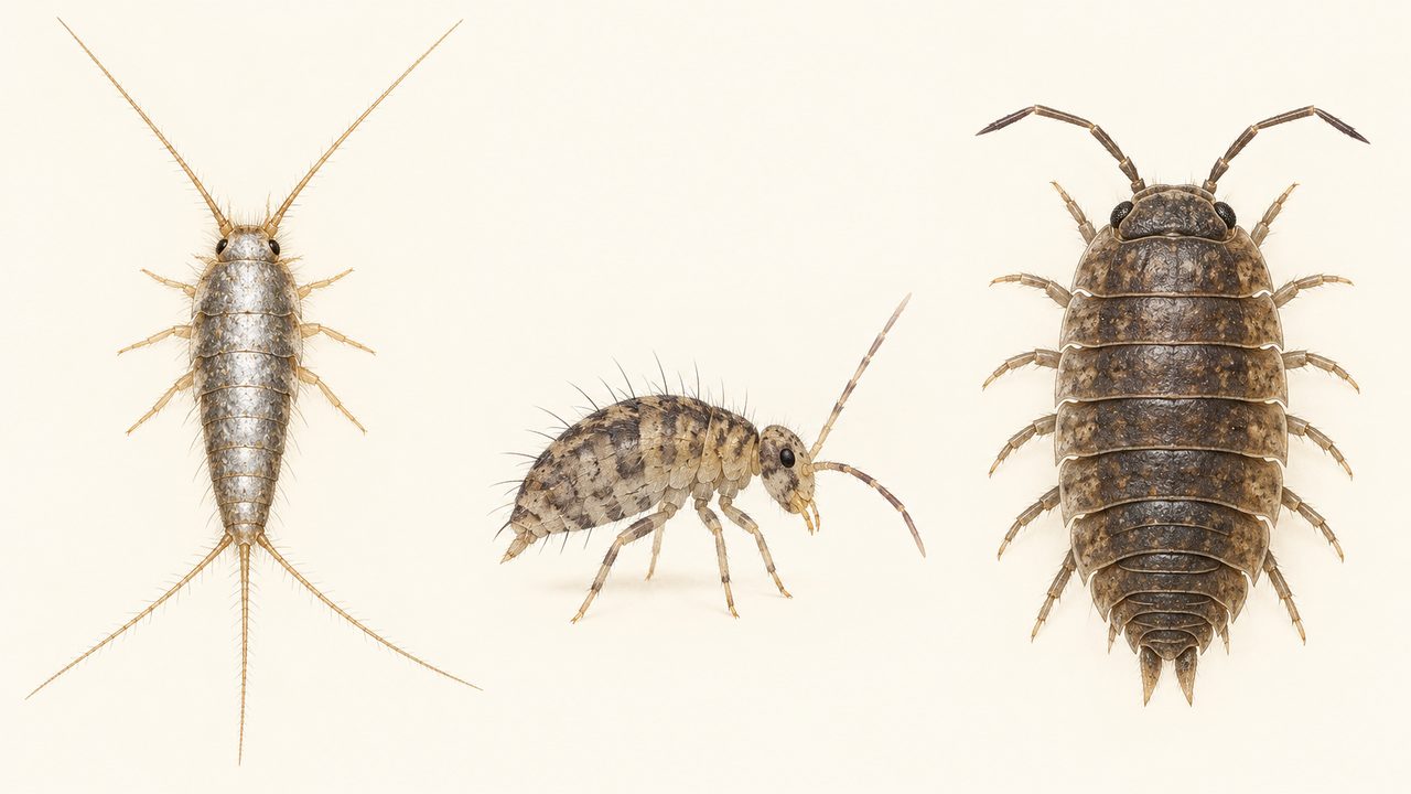 Comparaison illustrée entre un poisson d’argent, un collembole et un cloporte