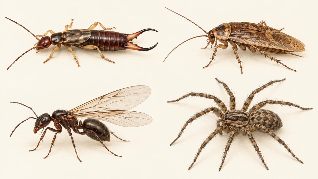 Comparaison illustrée entre un perce-oreille, une blatte extérieure, une fourmi ailée et une araignée