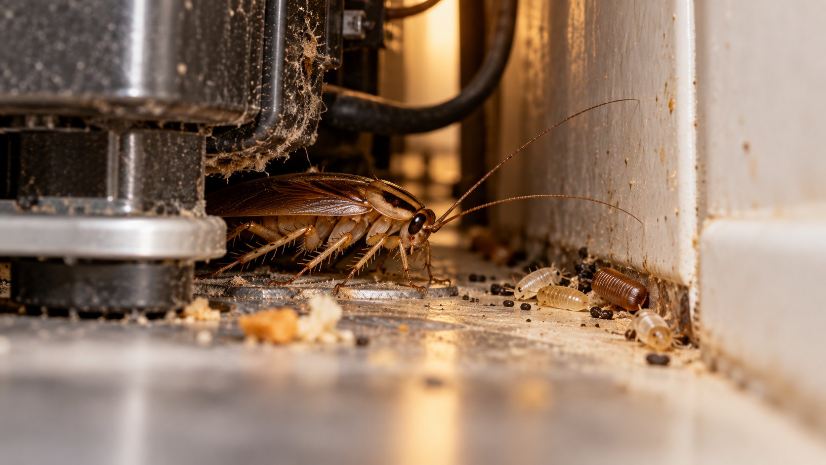 Blatte germanique dans une fente chaude derrière un appareil de cuisine