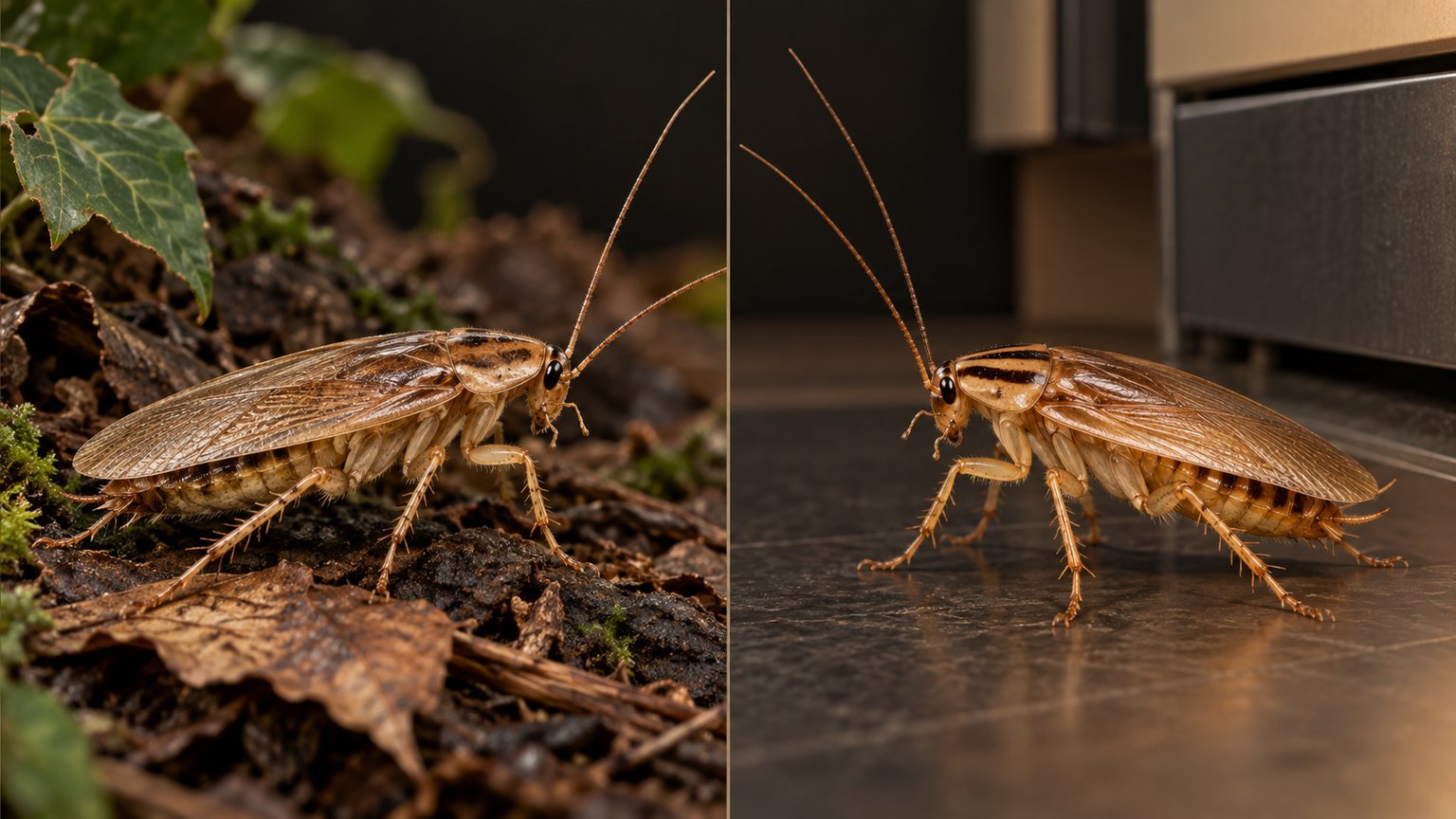 Illustration comparant une blatte extérieure de jardin et une blatte germanique dans un logement