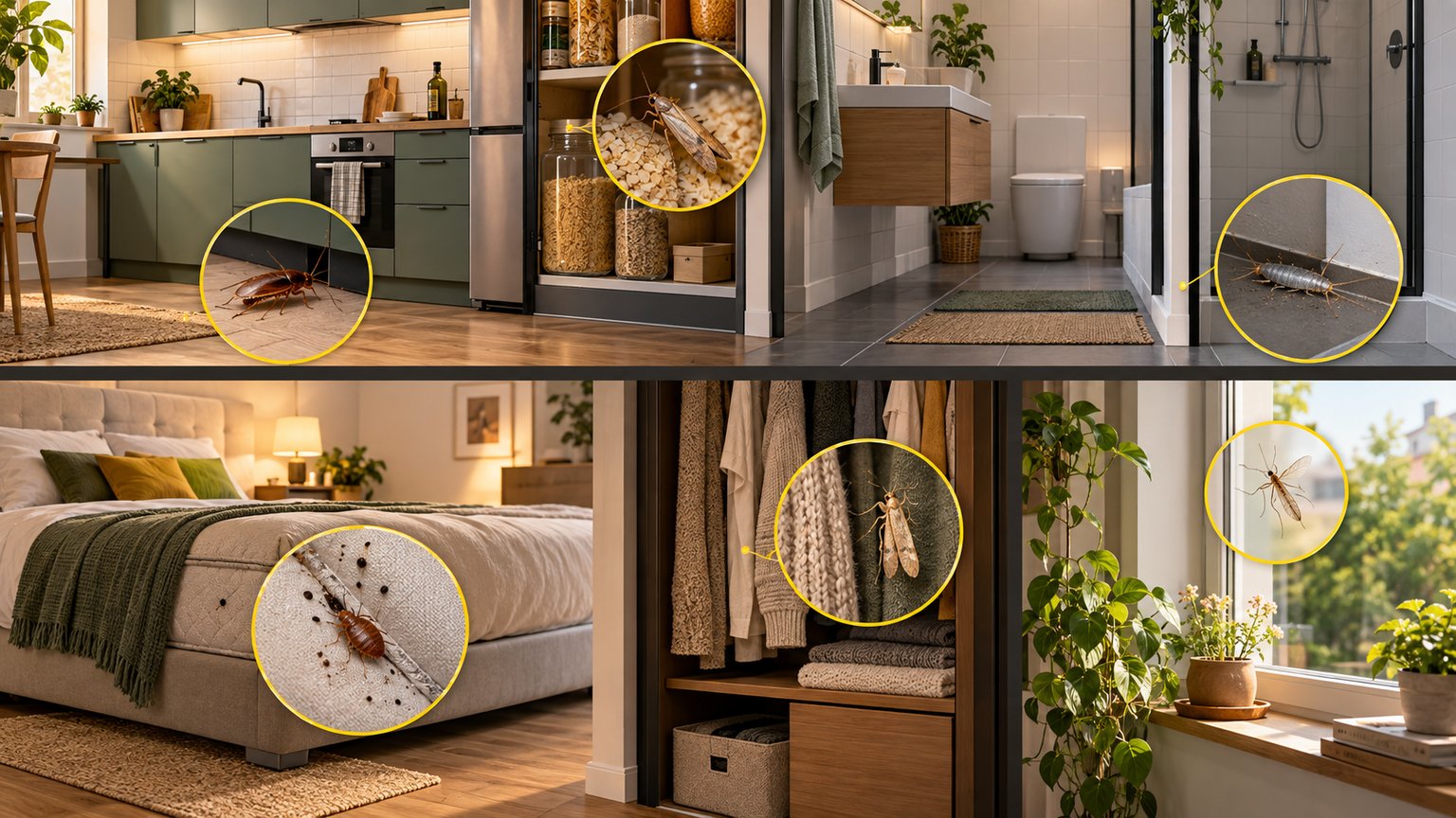 Illustration d un logement montrant les zones où observer les insectes dans la cuisine, la salle de bain, la chambre et près des fenêtres --caption=Illustration créée pour Nuisibles Paris. --desc=Illustration éducative générée pour Nuisibles Paris le 29 septembre 2026. Repérage non documentaire des zones typiques dobservation des insectes dans un logement.